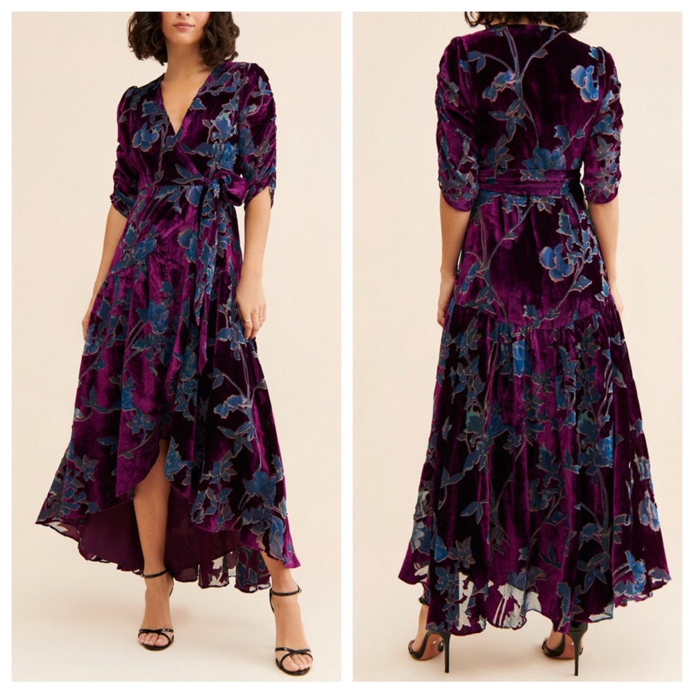 Hutch Plum Velvet Floral Wrap Maxi Dress with Teal Accents